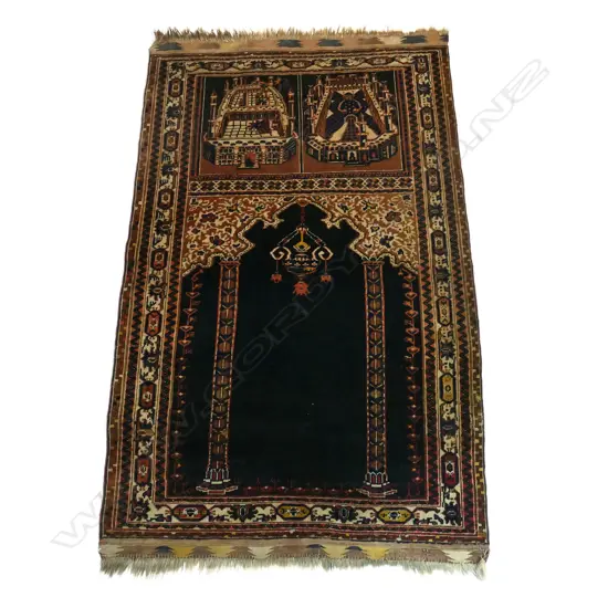 A semi-antique Turkish hand knotted pictorial prayer rug, depicting Medina and Mecca,
