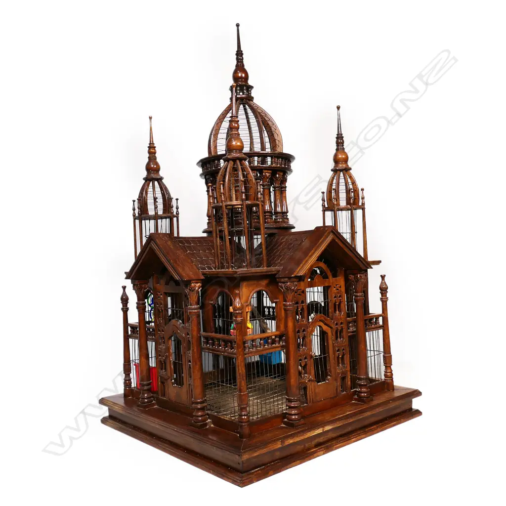 A large vintage floor standing elaborate Russian style architectural bird cage, Image 1++