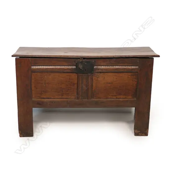 A 16th/17thC oak small proportion boarded coffer,