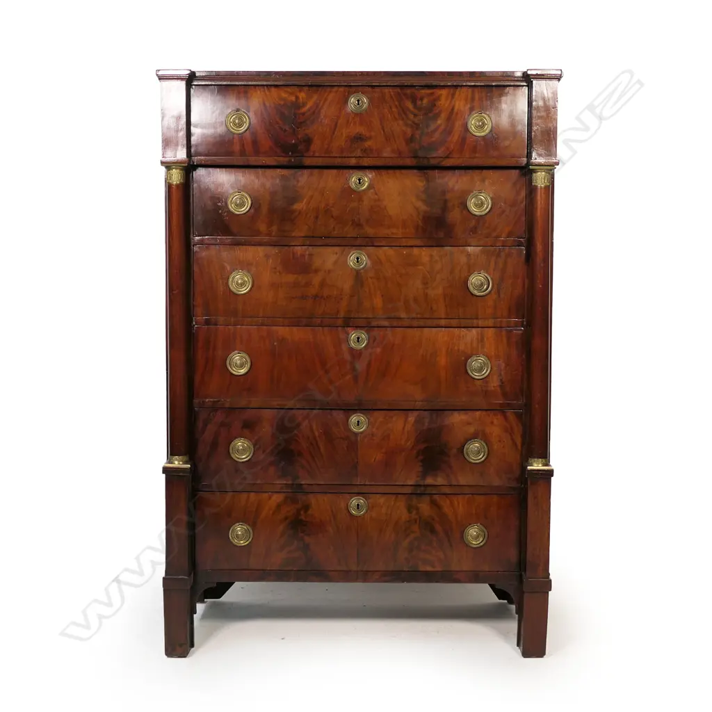 A 19thC French flame mahogany tall chest of drawers, Image 1++
