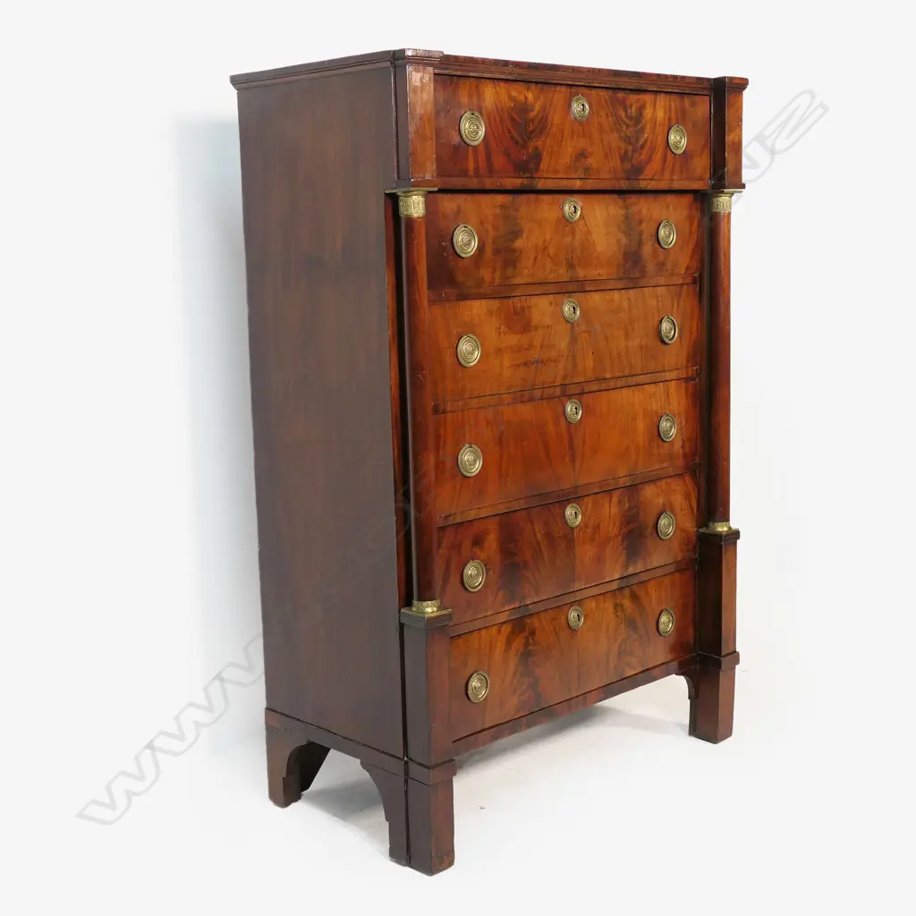 A 19thC French flame mahogany tall chest of drawers, Image 1++