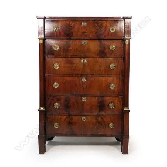 A 19thC French flame mahogany tall chest of drawers,