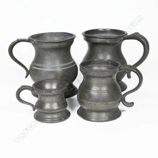 Four small antique pewter graduating mugs