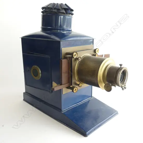 Large old electrified magic lantern repainted blue, H. 470mm