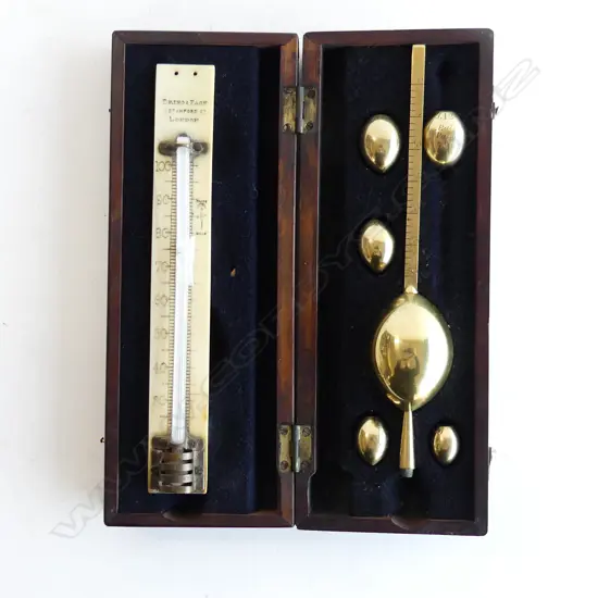 A vintage saccharometer(sugar content measure) No.48. Bates paten-cased with weights & thermometer