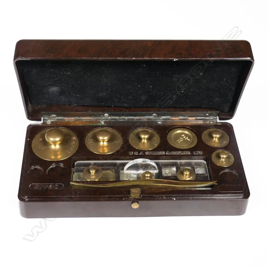 Cased W & J George & Becker Ltd set of brass weights, to be used with scales. Box 150 x 75 x 750mm Image 1++