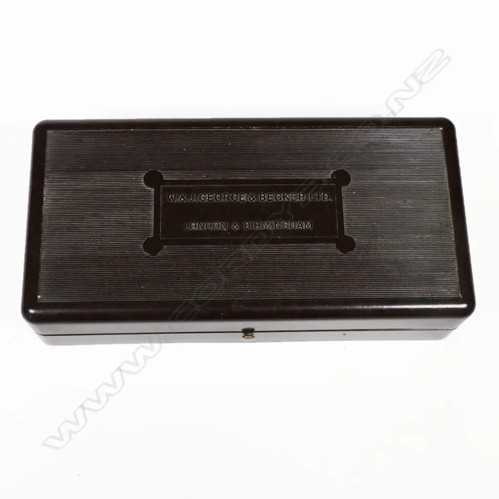Cased W & J George & Becker Ltd set of brass weights, to be used with scales. Box 150 x 75 x 750mm Image 1++