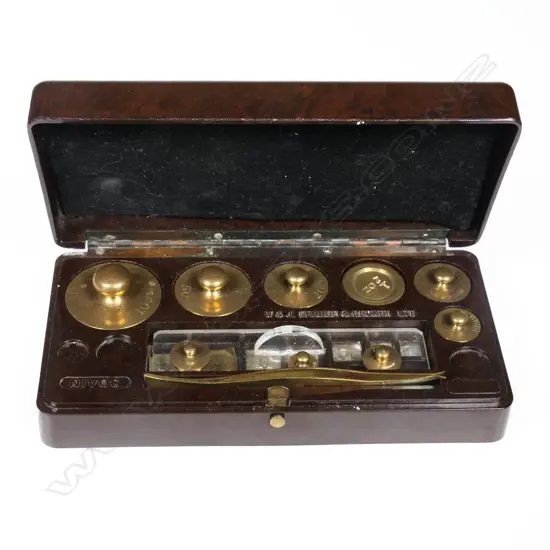 Cased W & J George & Becker Ltd set of brass weights, to be used with scales. Box 150 x 75 x 750mm