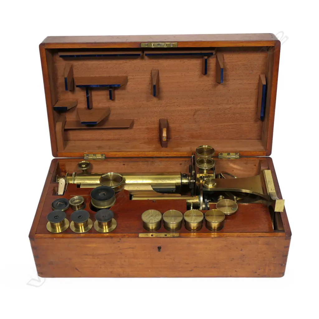 A 19thC Smith Beck & Beck of London brass binocular cased microscope, engraved maker's name to one tube and numbered 3420, multiple adjusting wheels, the original mahogany box fitted with eight lenses and other parts. H.385mm. Image 1++