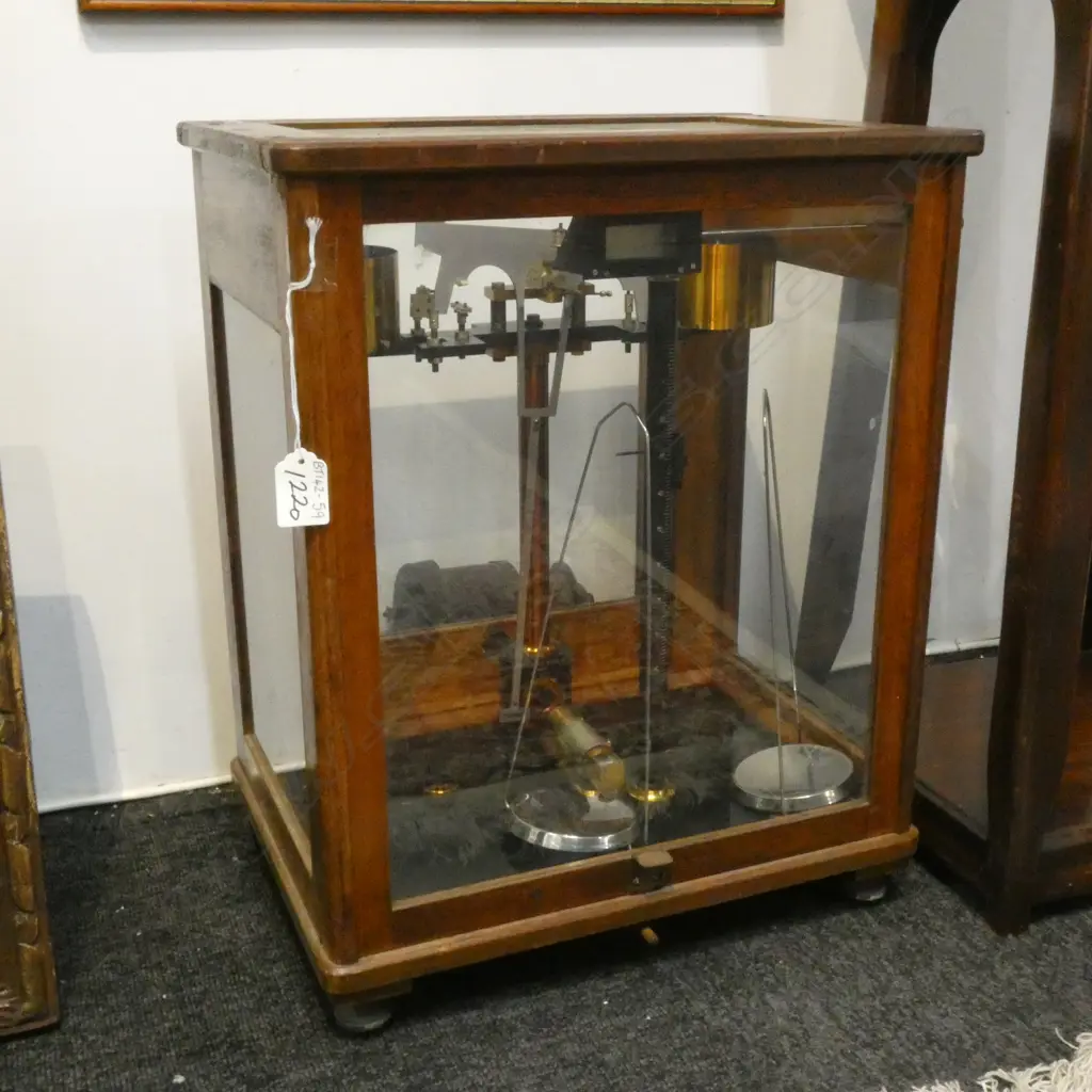 Oak cased Apothecary scales with motor for apparent gas extraction. H.465mm Image 1++