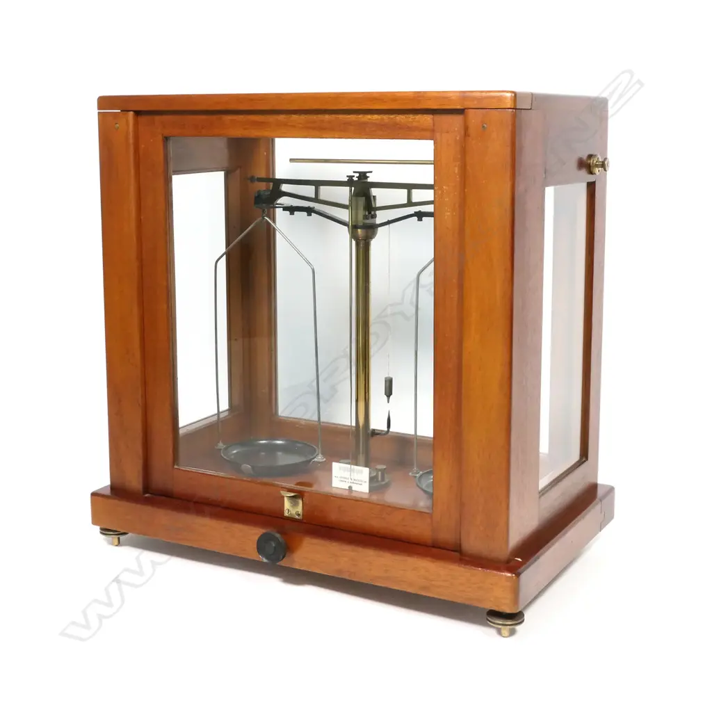 An Edwardian cased apothecary/scientific scales, by W & J George Becker Ltd,  440 x 440 x 240mm. Image 1++