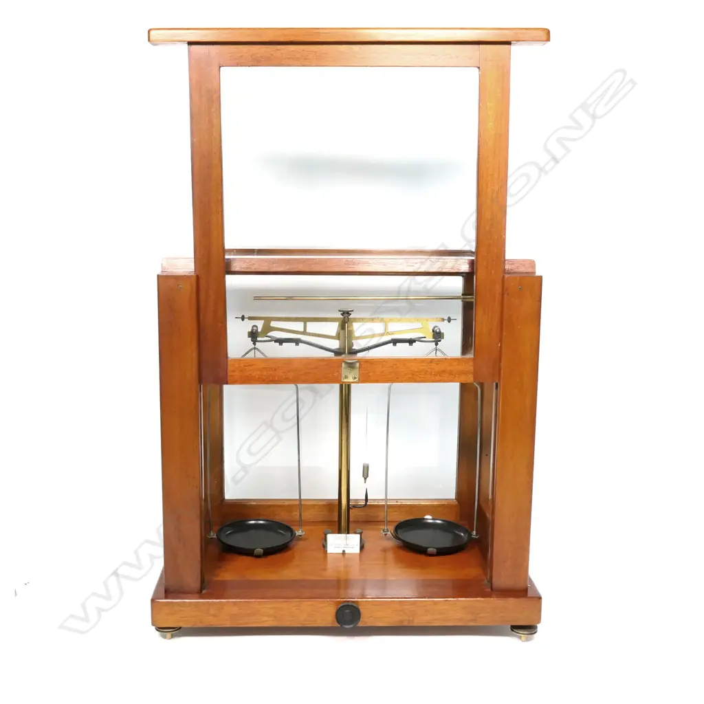 An Edwardian cased apothecary/scientific scales, by W & J George Becker Ltd,  440 x 440 x 240mm. Image 1++