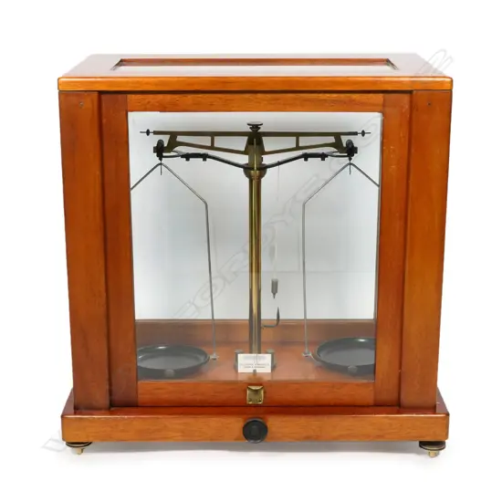 An Edwardian cased apothecary/scientific scales, by W & J George Becker Ltd,  440 x 440 x 240mm.