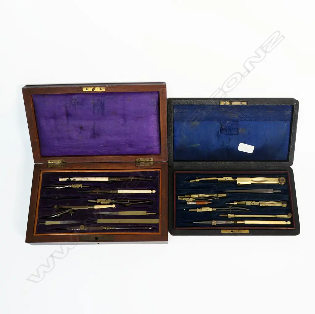 Two drawing sets – boxed mahogany set missing one instrument. Image 1++