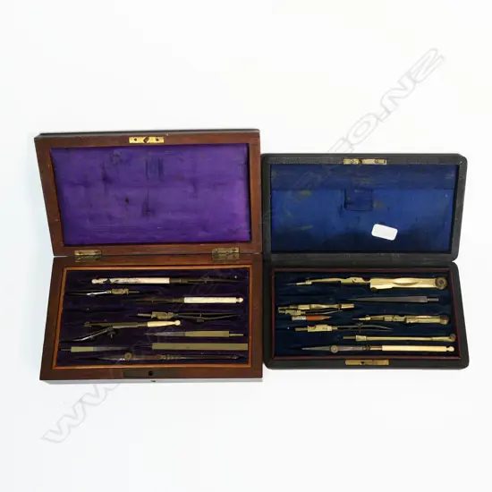 Two drawing sets – boxed mahogany set missing one instrument.