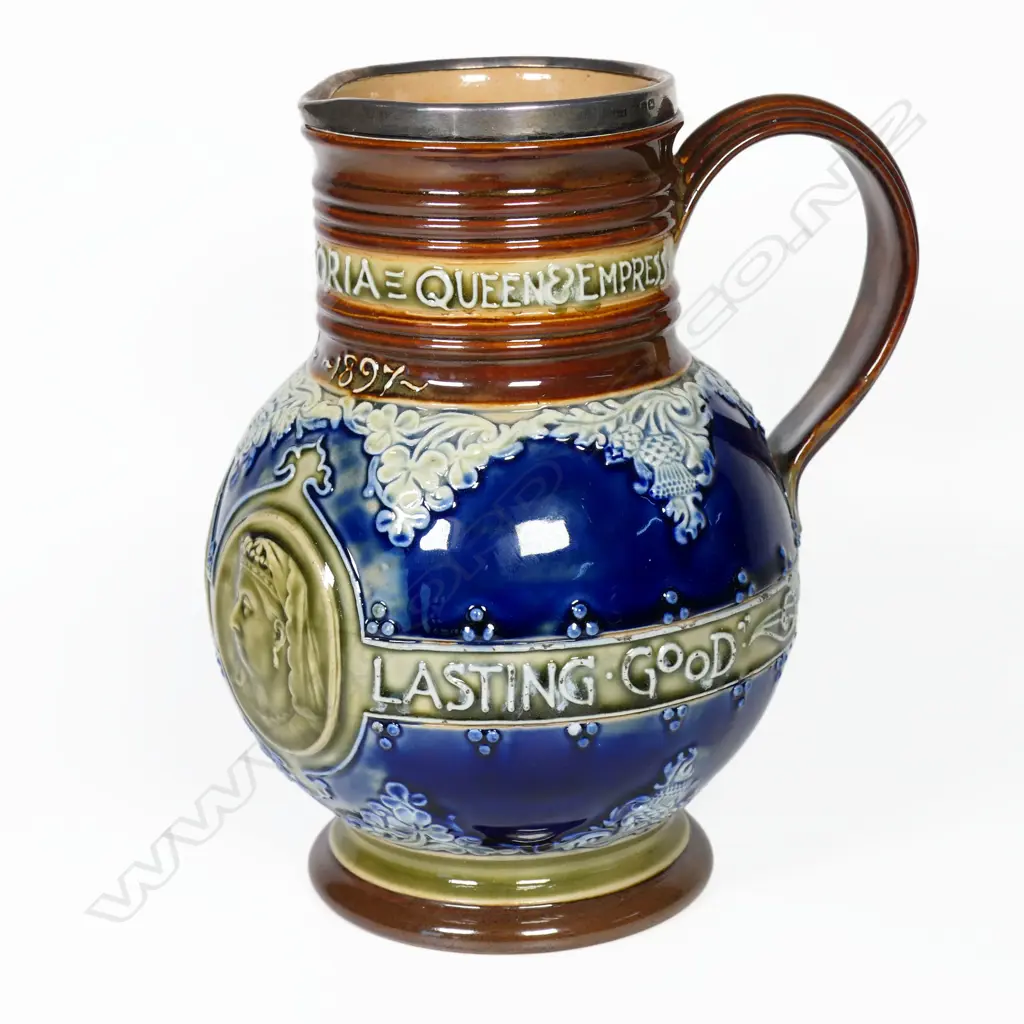 Doulton Lambeth Queen Victoria jug with sterling silver rim. H.190mm Image 1++