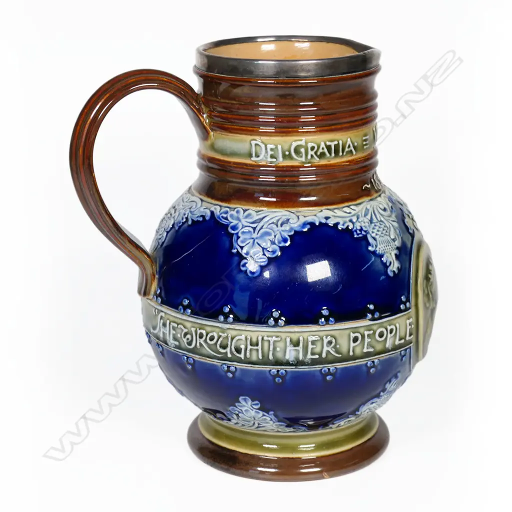 Doulton Lambeth Queen Victoria jug with sterling silver rim. H.190mm Image 1++