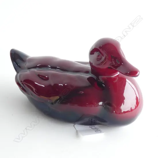 A Royal Doulton flambé duck. Model no.654. Incised no 10 on base RD flambé stamp. 95 x 185mm