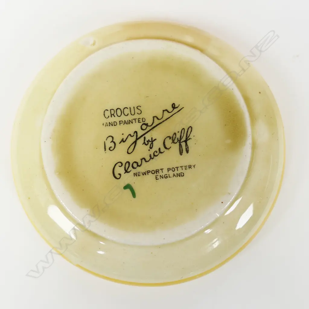 A Clarice Cliff Bizarre 'Crocus' tankard, coffee pot and pin dish, printed marks to base. H.190mm. Dish Dia.75mm Image 1++