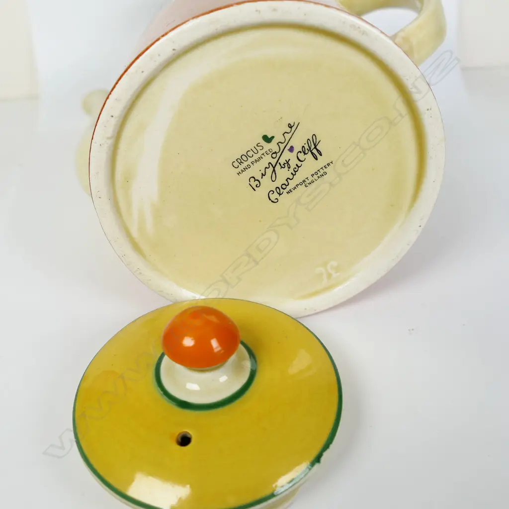 A Clarice Cliff Bizarre 'Crocus' tankard, coffee pot and pin dish, printed marks to base. H.190mm. Dish Dia.75mm Image 1++