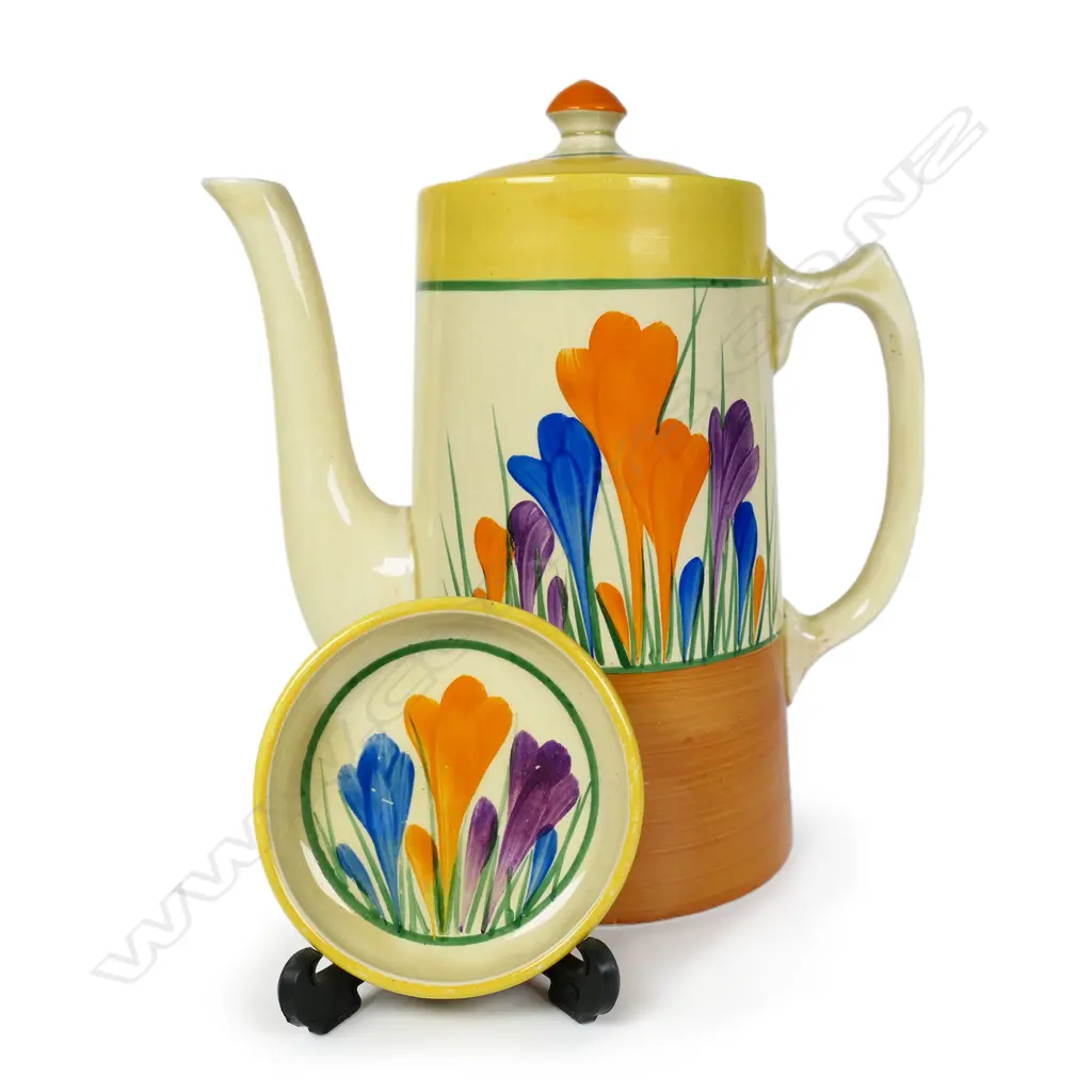 A Clarice Cliff Bizarre 'Crocus' tankard, coffee pot and pin dish, printed marks to base. H.190mm. Dish Dia.75mm Image 1++