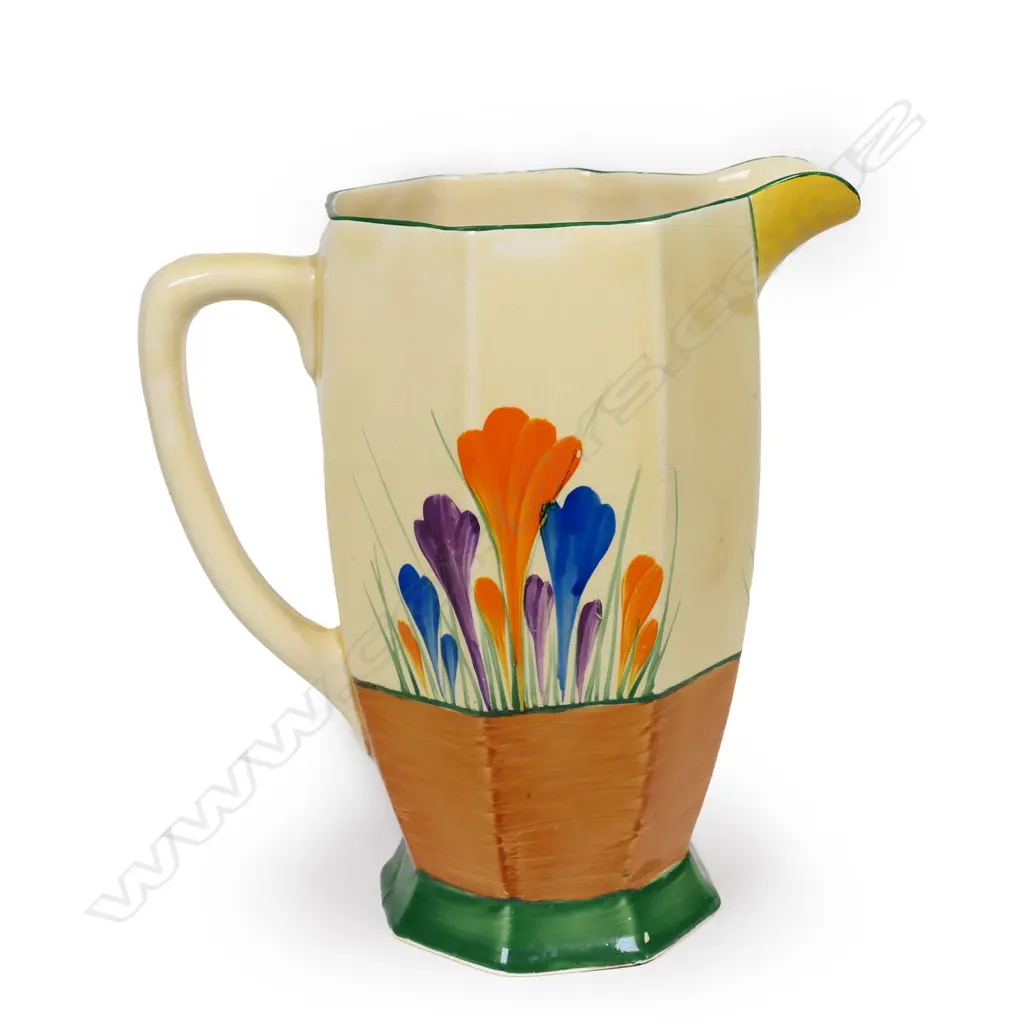 Clarice Cliff 'Crocus' jug, Athens shape with printed marks to base. Tiny glaze chip to rim. H.195mm Image 1++