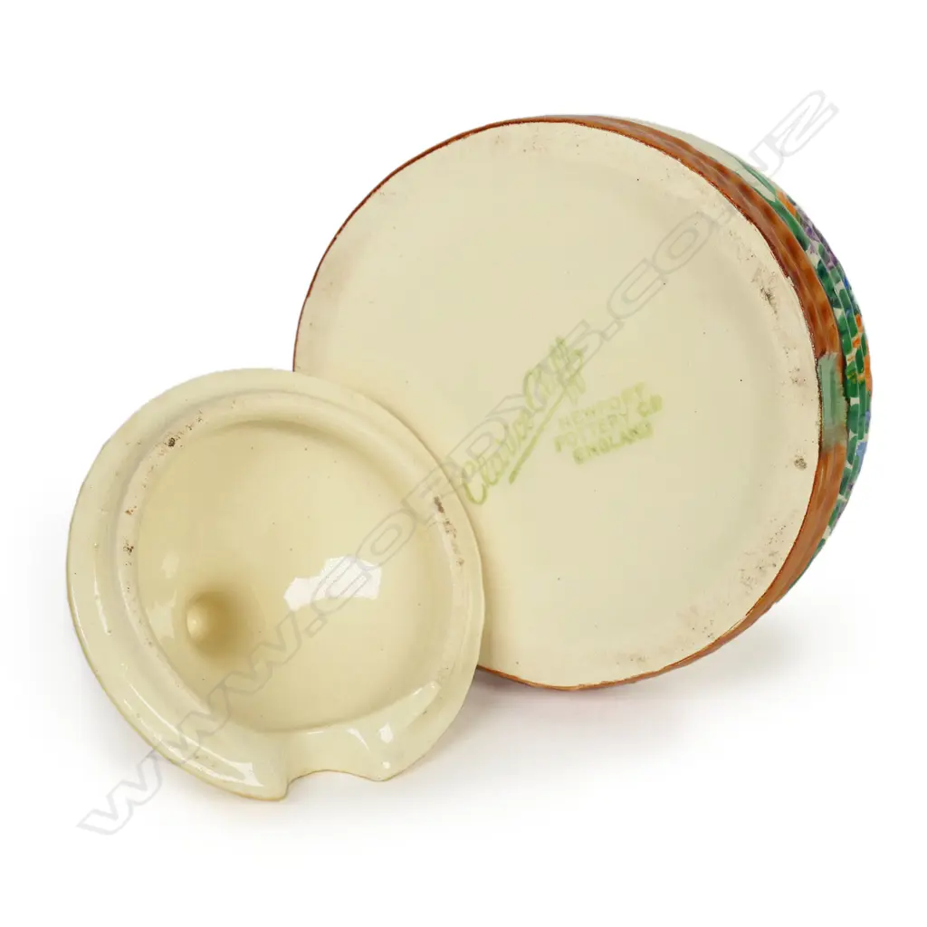 Clarice Cliff 'Crocus' lidded honeypot in orange tone. The finial with slight knife mark. H.90mm Image 1++