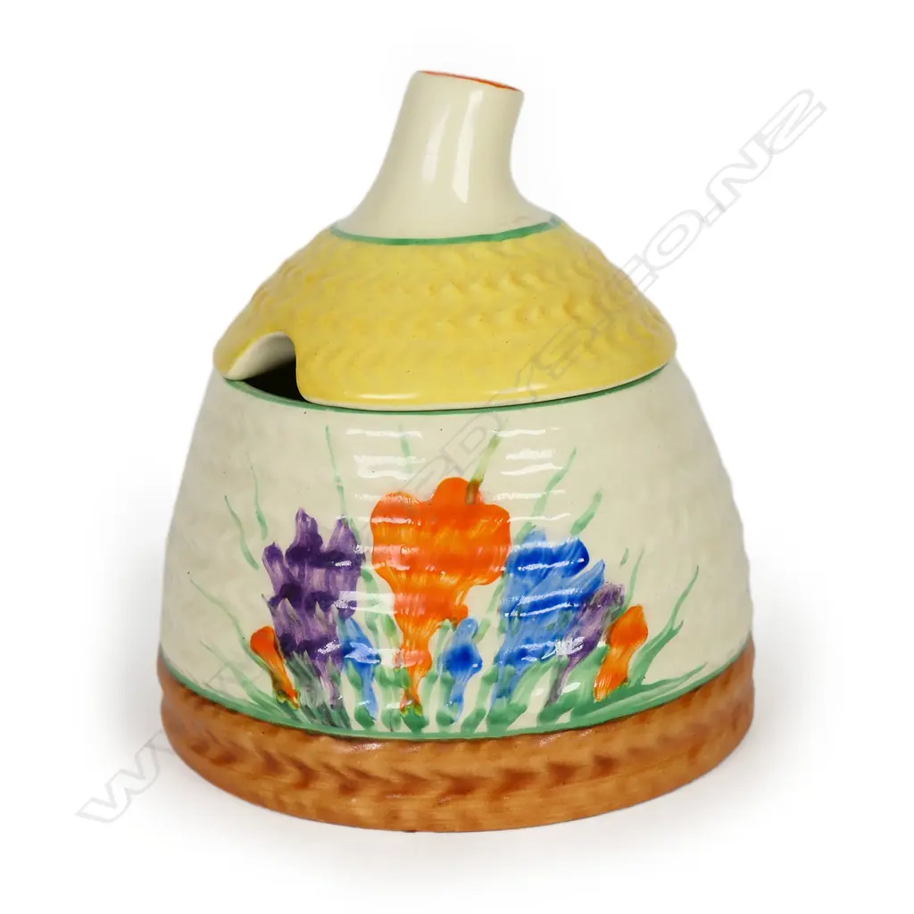 Clarice Cliff 'Crocus' lidded honeypot in orange tone. The finial with slight knife mark. H.90mm Image 1++