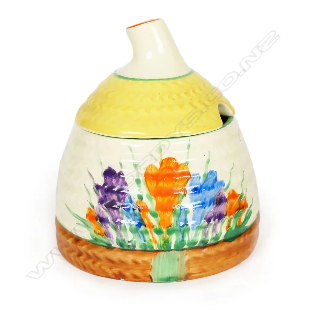 Clarice Cliff 'Crocus' lidded honeypot in orange tone. The finial with slight knife mark. H.90mm Image 1++