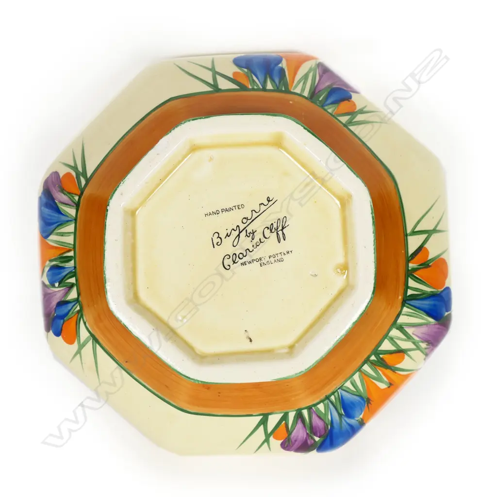 Clarice Cliff 'Bizarre' octagonal bowl in the Crocus pattern. Small frit to the base. Dia.145mm Image 1++