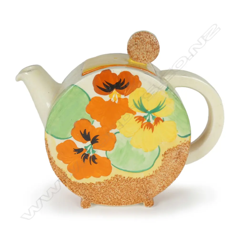 A Clarice Cliff 'Nasturtium' Bonjour tea pot, some professional restoration. H.130mm Image 1++