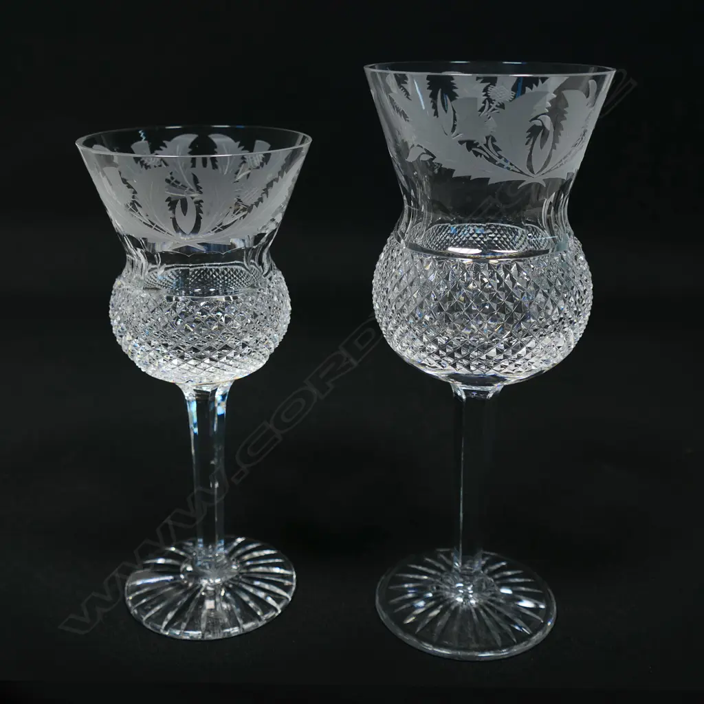 Six (four and two ) Edinburgh crystal wine glasses finely cut and engraved with thistle and diamond patterns, four 170mm tall and two 190mm. Image 1++