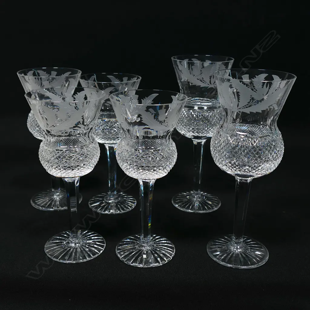 Six (four and two ) Edinburgh crystal wine glasses finely cut and engraved with thistle and diamond patterns, four 170mm tall and two 190mm. Image 1++