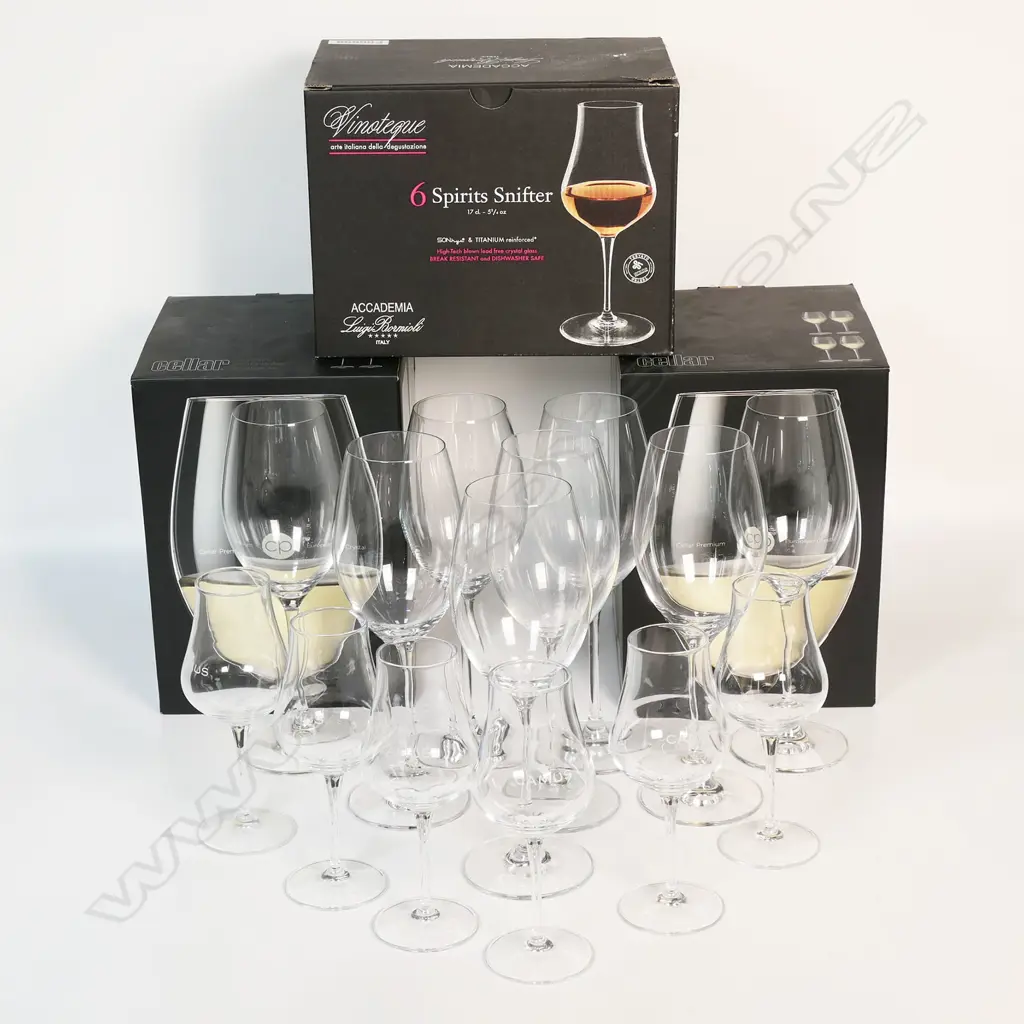 Three boxed sets of glasses;  two and four Cellar white wine glasses and six Accademia spirit snifters Image 1++