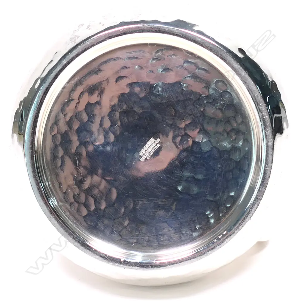 An Arts & Crafts silver tyg form vase. London 1903 by Charles Edwards for the Sussex Goldsmiths Co. Brighton, hammer finished baluster shape with three loop handles. H.145mm. 456gms. Image 1++