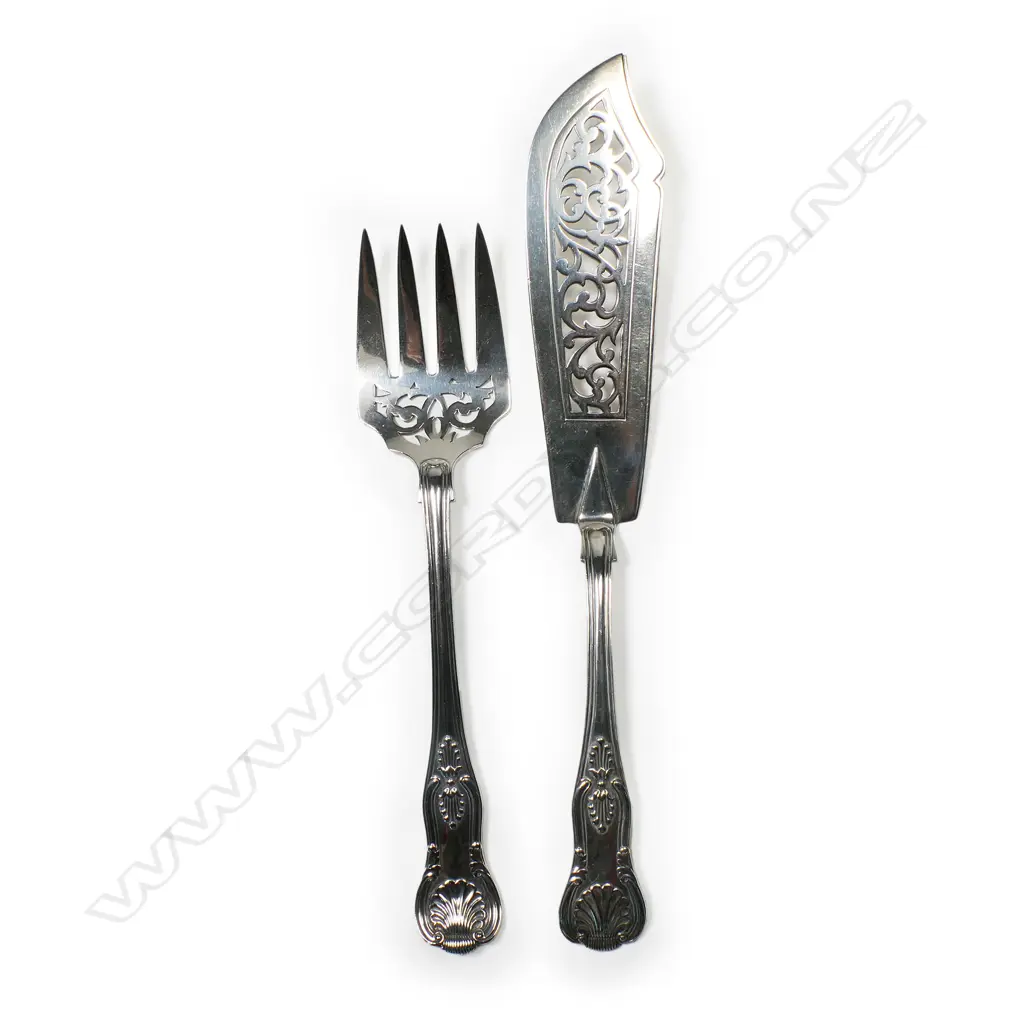 A pair of Victorian silver King's pattern fish servers with pierced blades, London 1868 by George Angell. 334gms. Image 1++