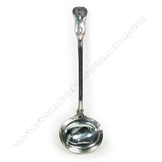 A George IV silver soup ladle, double struck Queens pattern. London 1825 by Richard Poulden. 380gm.