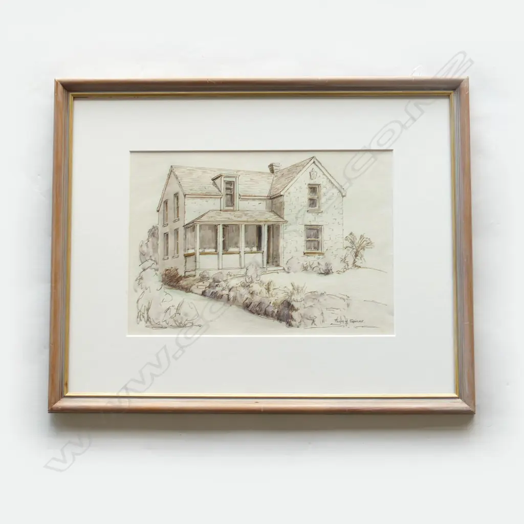 Peggy Spicer two-storey cottage - pen - ink & wash. 230 x 330mm, no glass to frame. Image 1++