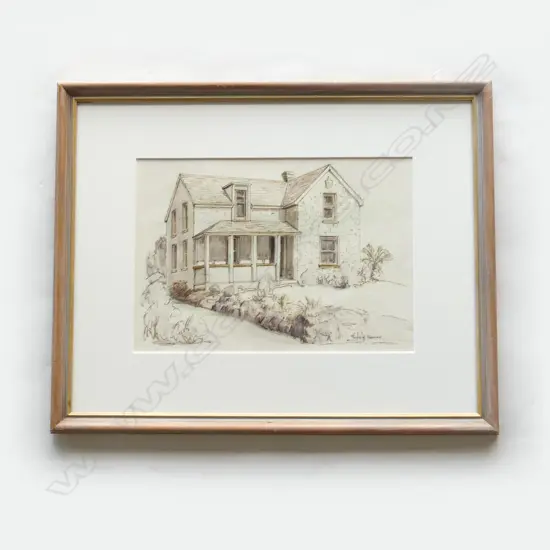 Peggy Spicer two-storey cottage - pen - ink & wash. 230 x 330mm, no glass to frame.