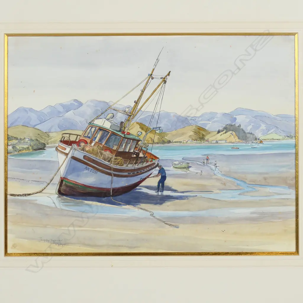Peggy Spicer (1908-1984) 'Fishing Boat Coromandel Harbour', water colour, signed, details verso. 390 x 520mm. Image 1++