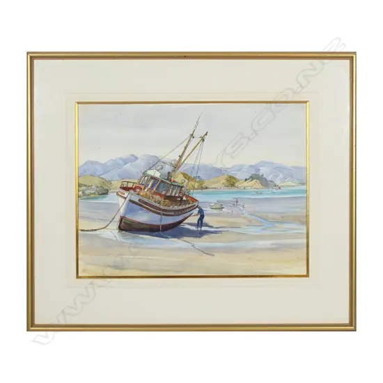 Peggy Spicer (1908-1984) 'Fishing Boat Coromandel Harbour', water colour, signed, details verso. 390 x 520mm.
