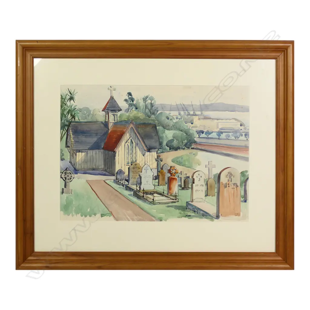 Peggy Spicer (1908-1984) 'St Stephens Chapel and view of the Waitemata Harbour', watercolour, signed and dated 1978. 365 x 520mm Image 1++