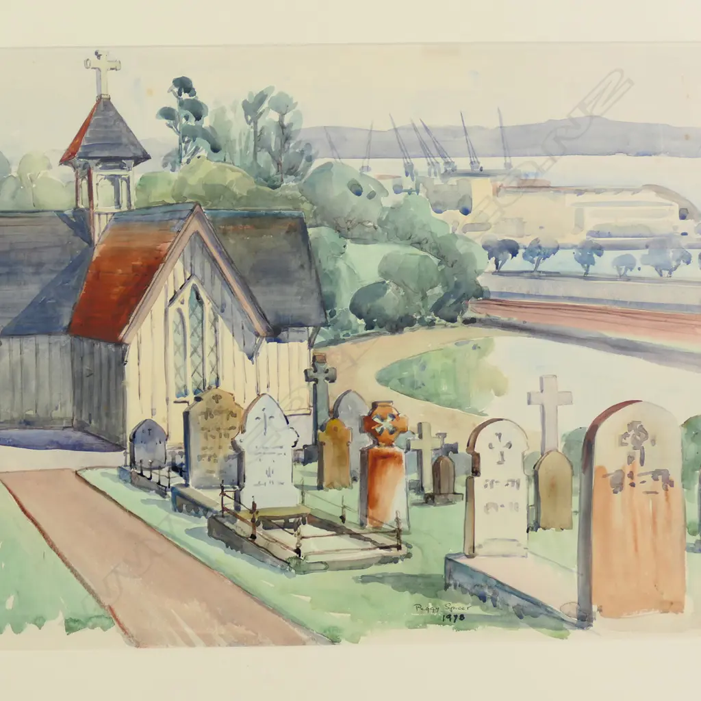 Peggy Spicer (1908-1984) 'St Stephens Chapel and view of the Waitemata Harbour', watercolour, signed and dated 1978. 365 x 520mm Image 1++
