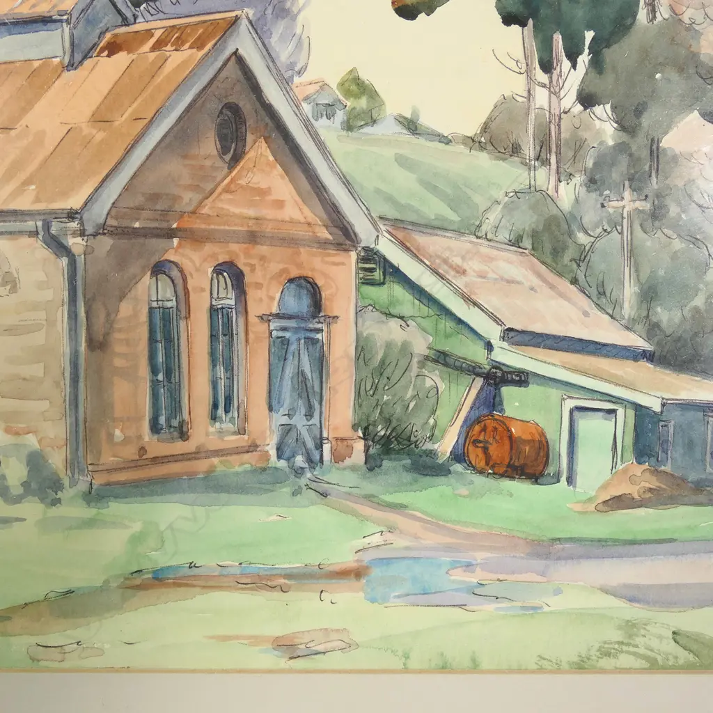 Peggy Spicer (1908-1984) 'Pump House Takapuna' watercolour - signed. 1978. 350 x 420mm Image 1++