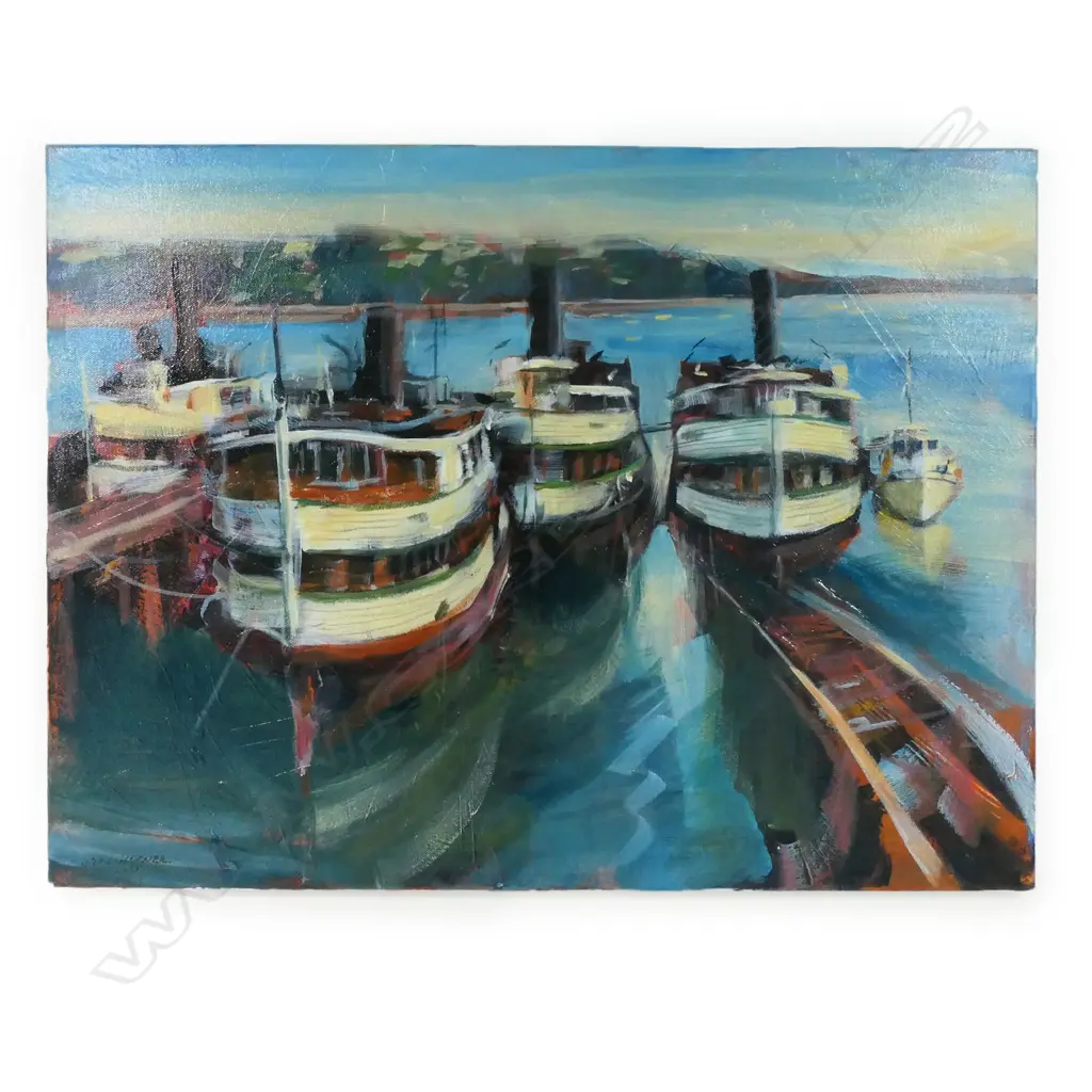 John Horner, 'Old Ferries Beaumont St Auckland', oil on canvas, signed, entitled to reverse, 455 x 610mm Image 1++