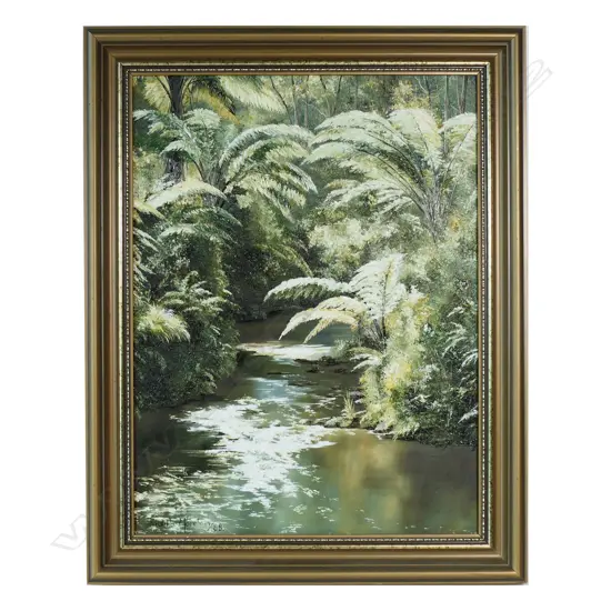 Judith Moreton 'New Zealand Bush and Stream Scene', oil on board, signed and dated ’88.