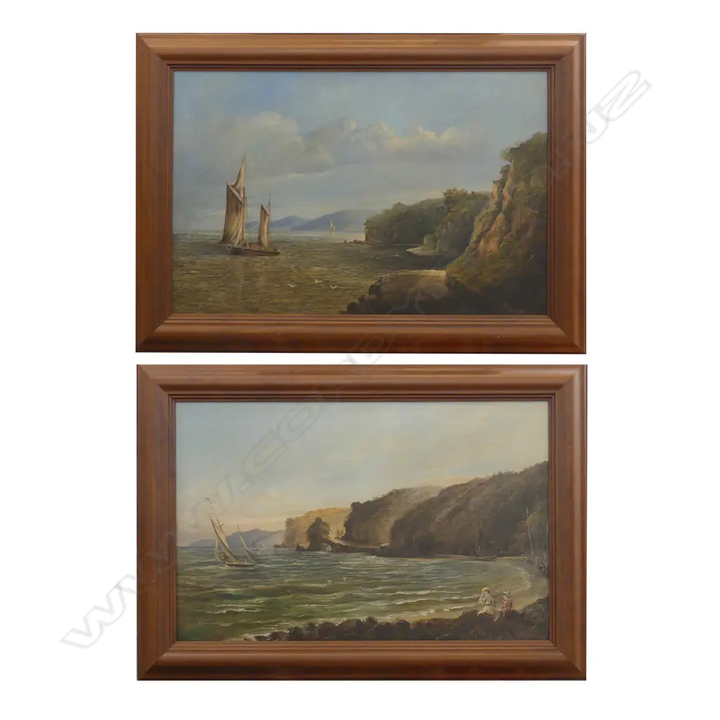 A pair of V. Miller late-Victorian oils, untitled coastal scenes with sailboats and figures, oil on canvas, signed, 480 x 740mm Image 1++