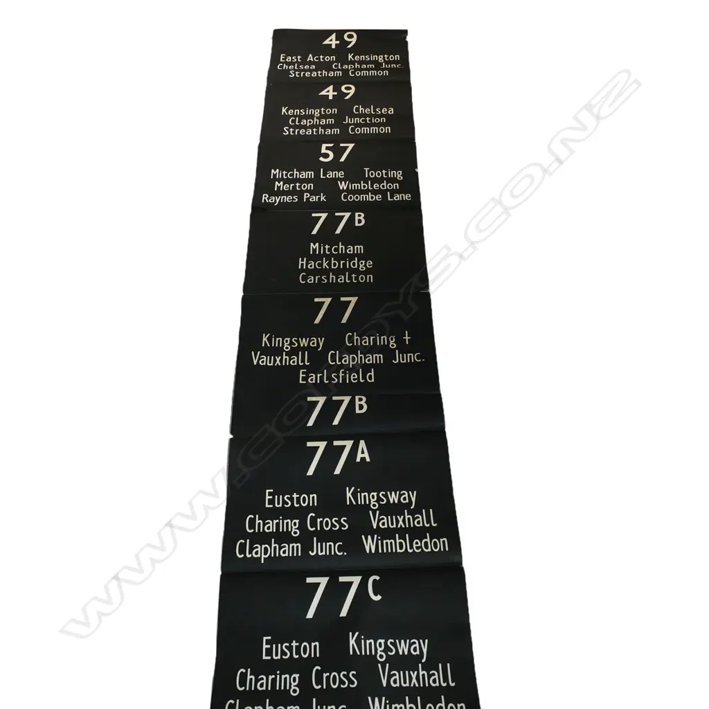 An original vintage London Transport central bus replacement bus blind, a ten-metre paper roll backed onto canvas, comprising multiple joined sheets screen-printed with destination names and route numbers. Stamped AA 22 4 69. 1.09 x 10 Metres. Image 1++