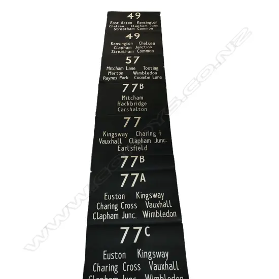 An original vintage London Transport central bus replacement bus blind, a ten-metre paper roll backed onto canvas, comprising multiple joined sheets screen-printed with destination names and route numbers. Stamped AA 22 4 69. 1.09 x 10 Metres.