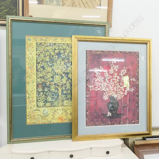 Two framed floral still life prints on textured paper, largest 650 x 480mm